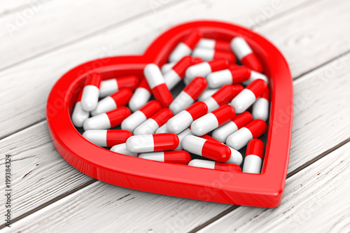 Heap of Health Care Pills in Red Heart Shape. 3d Rendering