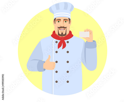 Chef showing thumb up and  showing the business card
