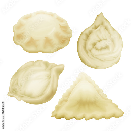 Vector realistic dumplings set. Vareniki pierogi xiao bao momo ravioli tortellini manti. Stuffed pork meat dough vegetable. 3d illustration national ukrainian belorussian asian italian cuisine