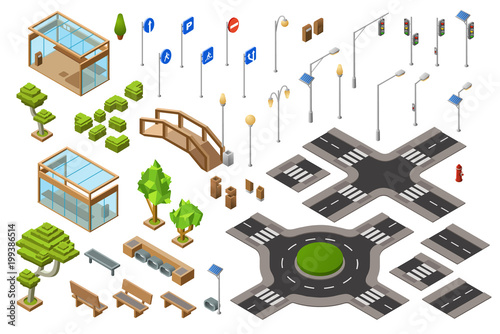 City traffic street isometric 3D vector illustration of traffic light, transport direction signs. Isolated isometric constructor icons of town bench, bus stops and bridge or crossroad lane marking