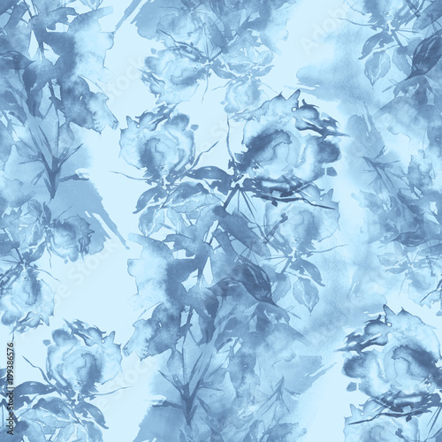 Watercolor vintage seamless pattern, floral pattern, blue, roses, buds, branch. Plants, flowers, grass in floral background. monochrome, gray, blue. For textiles, fabrics, wallpapers, design.