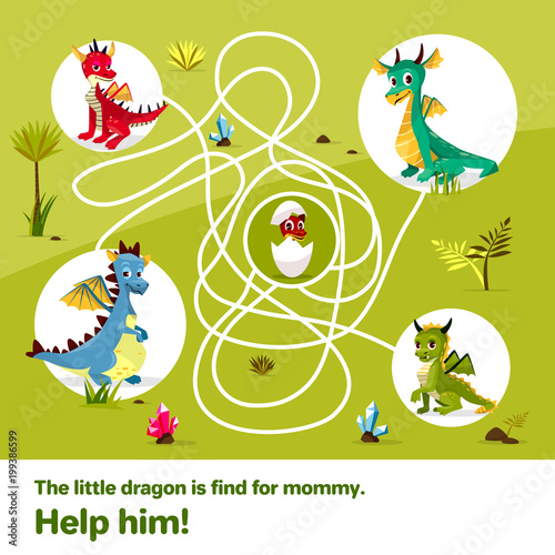 Maze labyrinth children game vector illustration. Cartoon dragons, help find way to child egg on tangled way lines, logical solution game for kids book design template