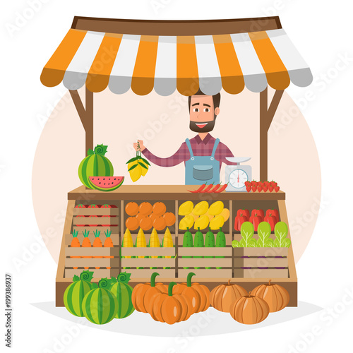 Farm shop. Local market. Selling fruit and vegetables. business owner working in his own store.