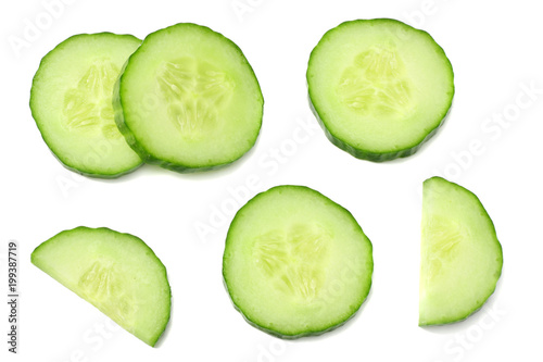 fresh cucumber slices isolated on white background. top view