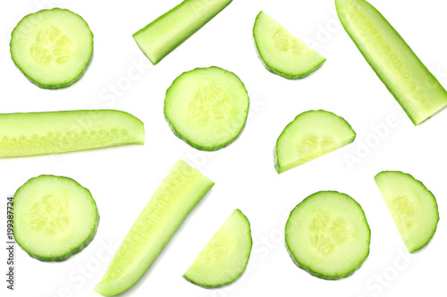 fresh cucumber slices isolated on white background. top view