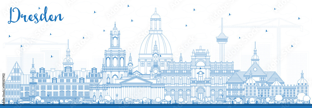Outline Dresden Germany City Skyline with Blue Buildings.