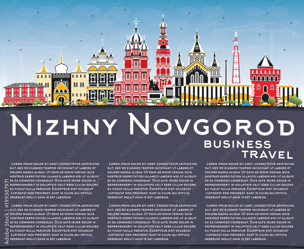 Nizhny Novgorod Russia City Skyline with Color Buildings, Blue Sky and Copy Space.