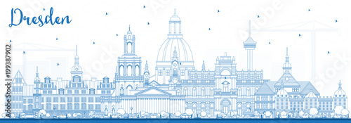 Outline Dresden Germany City Skyline with Blue Buildings.