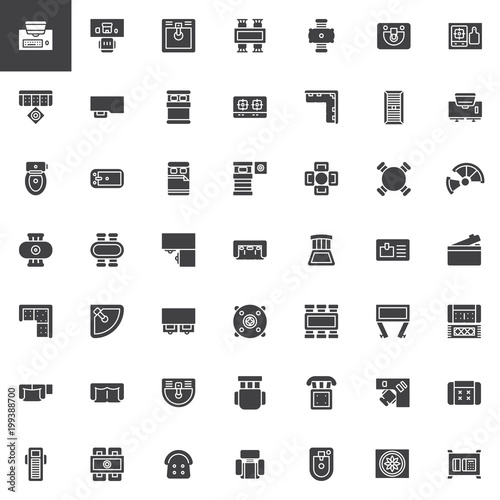 Furniture top view vector icons set, modern solid symbol collection, filled style pictogram pack. Signs, logo illustration. Set includes icons as desk, sink, table, dining, sofa, bed, double, stove