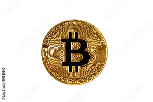 Golden Bitcoin isolated on white background