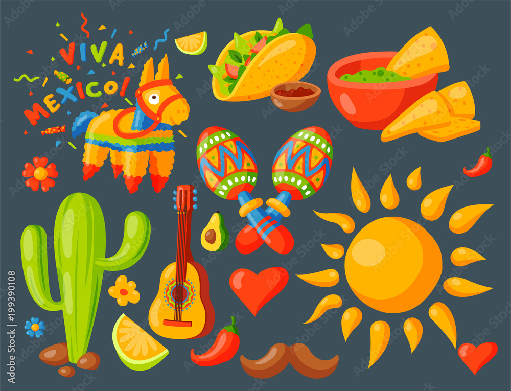 Obraz Mexico icons vector illustration traditional graphic travel tequila alcohol fiesta drink ethnicity aztec maraca sombrero.