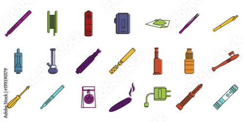 Smoking tools icon set, color outline style
