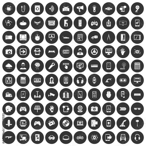 100 gadget icons set black circle