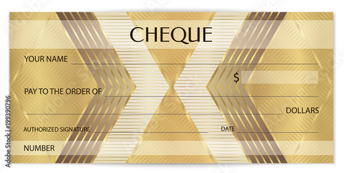 Check (cheque), Golden Chequebook template. Abstract pattern with watermark fine lines. Background for banknote, money design, currency, bank note, Voucher, Gift certificate, Coupon, ticket