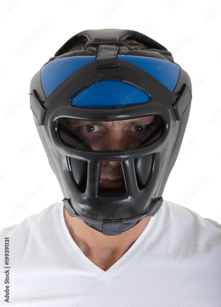 Man with boxing head gear