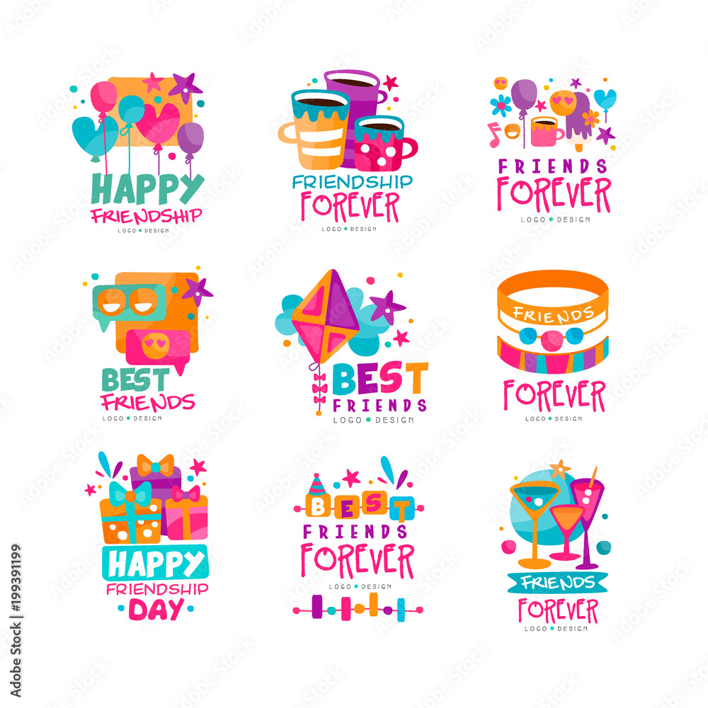 Set of abstract friends logo templates. Happy friendship day. Original vector design for postcard, invitation, mobile app or messenger