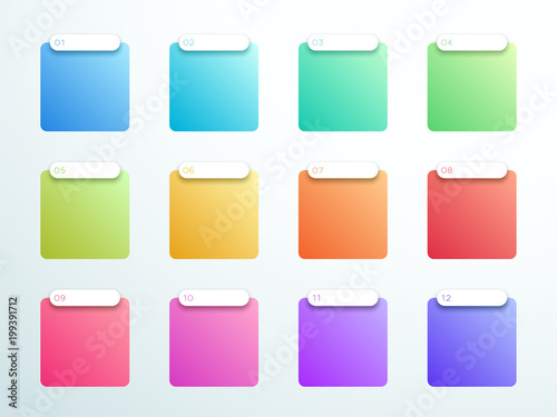Numbered Gradient Square Text Boxes 1 to 12 Vector