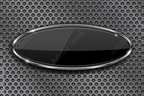 Black oval button with chrome frame on metal perforated background