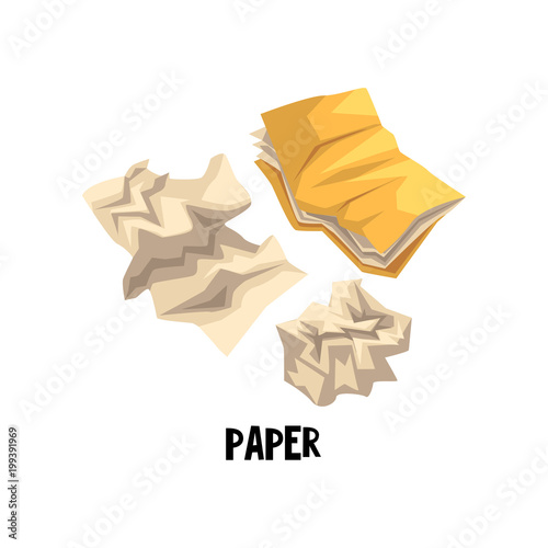 Flat vector icon representing one of the sorts of garbage, dry waste crumpled folder with documents and paper. Sorting of rubbish