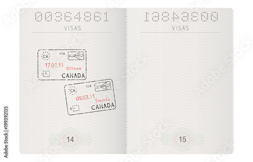 Passport pages. With stamp of Ottawa and Toronto, Canada