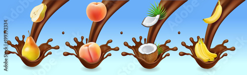 Fruit banana peach, pear and coconut in chocolate splash icon set