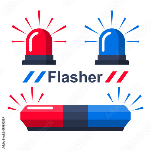 Red and blue flasher. Collection sirens. Set police flasher or ambulance or firefighters. Icon alarm emergency. Vector illustration flat design. Isolated on white background.