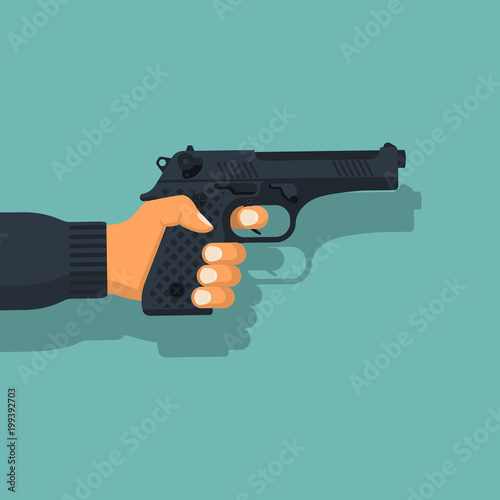 Gun in man. Pistol hold in hand male. Firearms isolated on background. Man is armed for protection or attack. Vector illustration flat design. attacker or cop.
