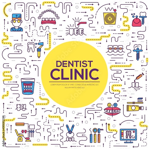 Thin line dentist clinic baking brochure cards set.  Dent instruments template of flyear, magazines, poster, book cover, banners. Outline medical invitation concept