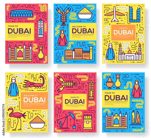 Dubai vector brochure cards thin line set. Country travel template of flyear, magazines, posters, book cover, banners. Layout culture monument outline illustrations modern pages