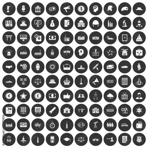 100 government icons set black circle