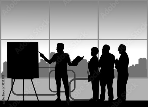 Business presentation at work in the office between business people, one in the series of similar images silhouette