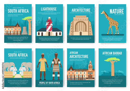 Set of South Africa country ornament travel trip concept. Art traditional, magazine, book, poster, abstract, banners, element. Vector decorative ethnic greeting card or invitation design background