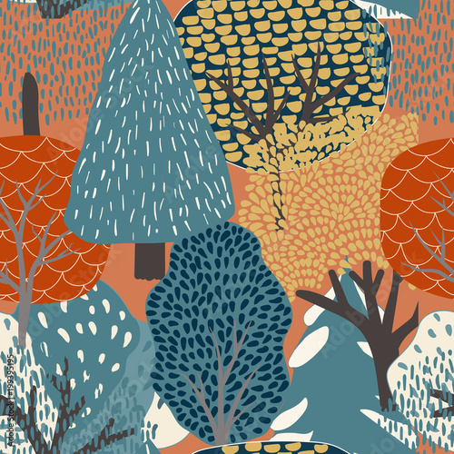 Seamless background with stylized trees. Forest bright pattern. dark colors, blue, and orange
