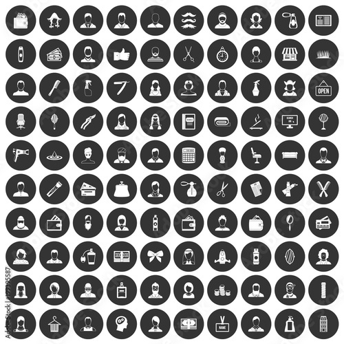 100 hairdresser icons set black circle