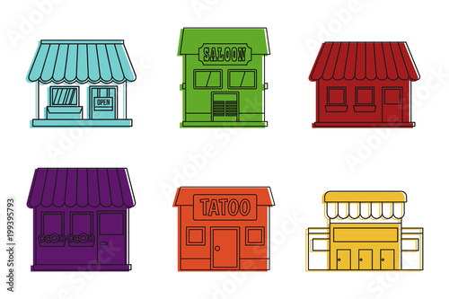 Street shop icon set, color outline style