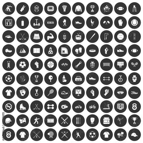 100 athlete icons set black circle