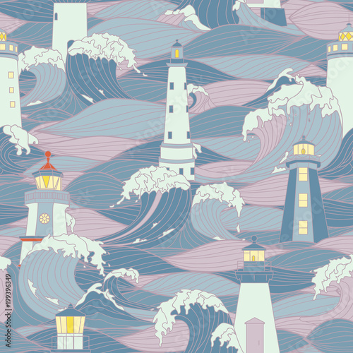 Lighthouse among the storm waves. Graphic vector seamless pattern. Coloring book page design for adults and kids