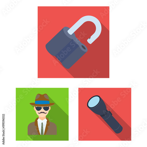 Detective and Attributes flat icons in set collection for design.Detective Agency vector symbol stock web illustration.