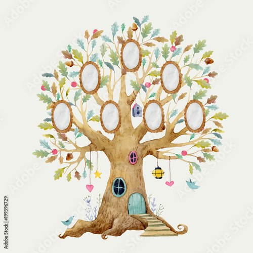 Watercolor vector tree house with frames