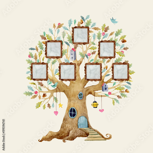 Watercolor vector tree house with frames