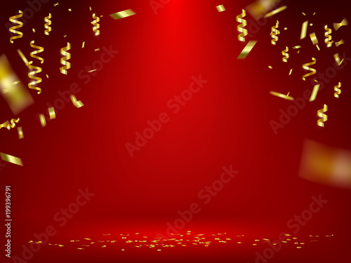 falling shiny gold ribbons  and gold confetti on red background