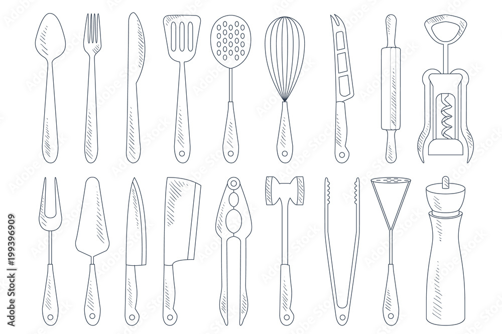 Vector set of cutlery and various kitchen utensils for cooking. Garlic press, corkscrew, meat cleaver, rolling pin, whisk. Detailed hand drawn illustrations Vector set of cutlery and various kitchen utensils for cooking. Garlic press, corkscrew, meat cleaver, rolling pin, whisk. Detailed hand drawn illustrations