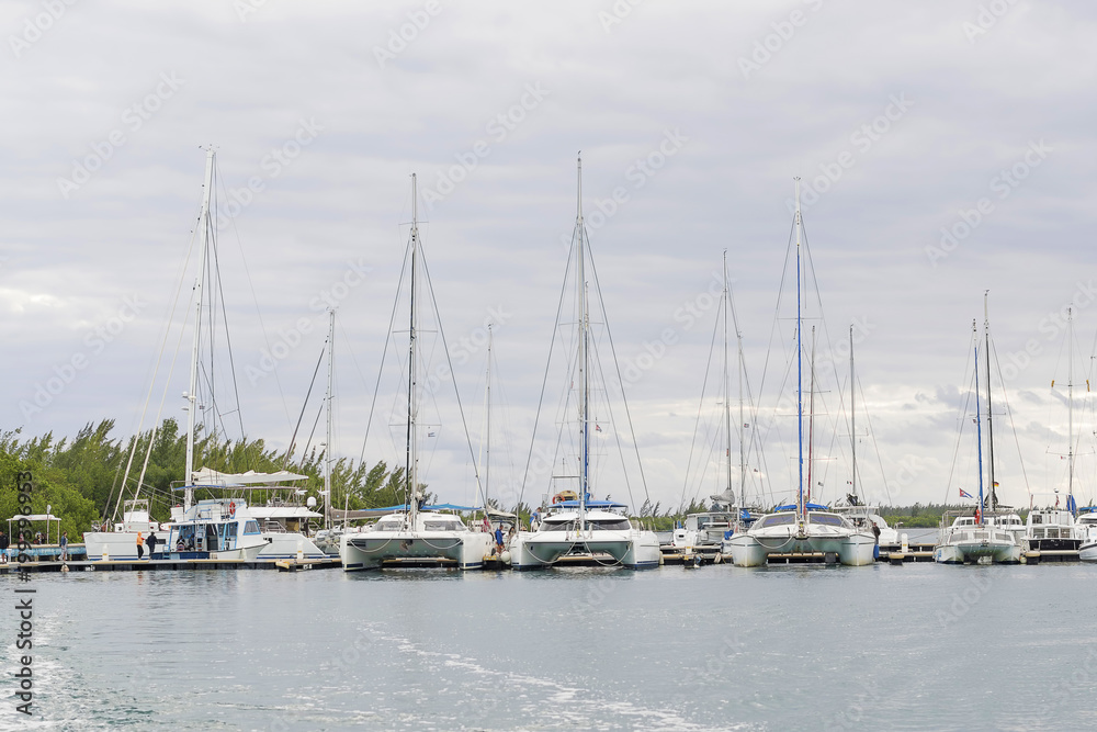 White yachts and catamarans without inscriptions are moored at t