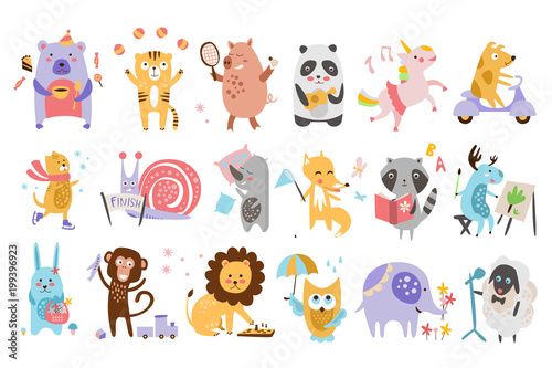 Flat vector set of funny cartoon animals in different actions. Playing games, drinking tea, eating, riding on scooter, drawing. Forest, farm and imagination creatures