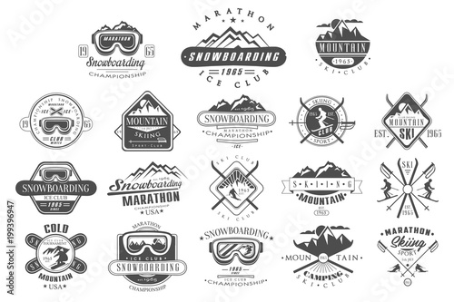 Vector set of vintage logos for ski club. Snowboarding championship. Monochrome emblems of tournament. Extreme winter sport. Mountain camping. Outdoor activity