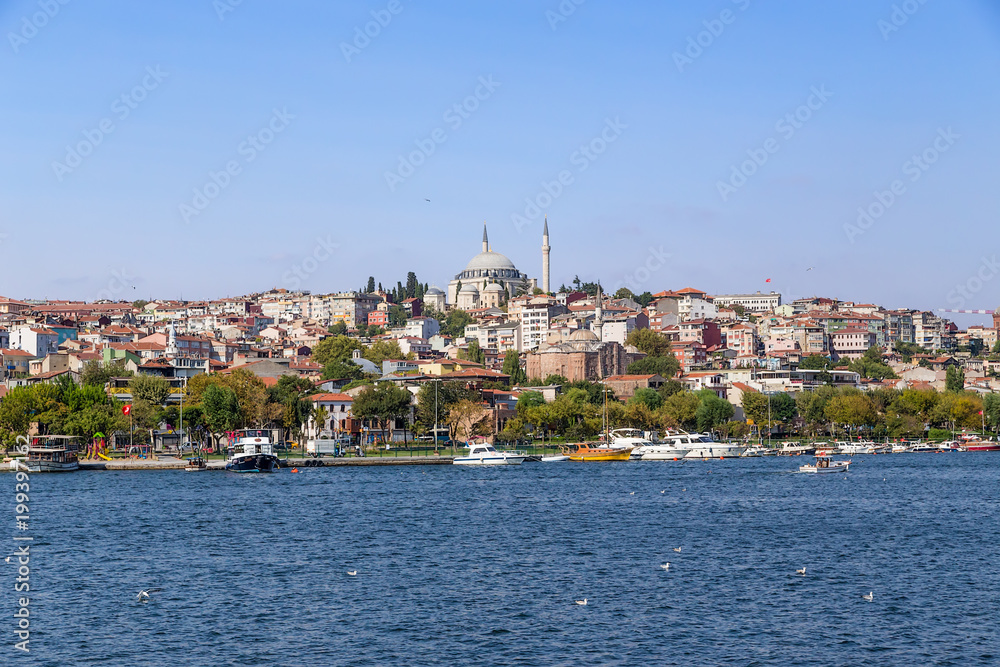 Istanbul, Turkey. Beautiful view of the bay of the Golden Horn. At the top of the hill is the mosque of Sultan Selim Yavuz 