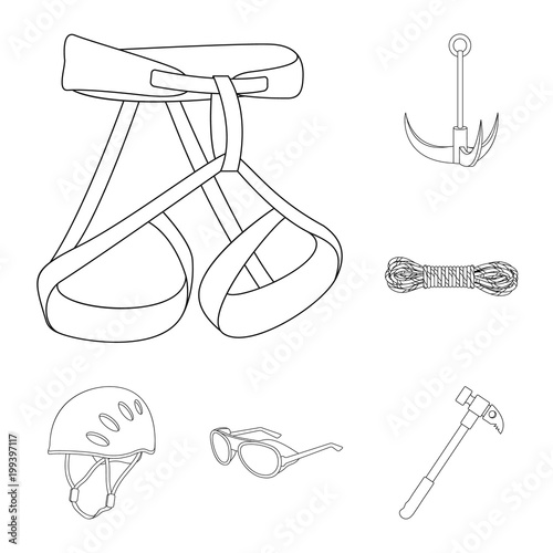 Mountaineering and climbing outline icons in set collection for design. Equipment and accessories vector symbol stock web illustration.