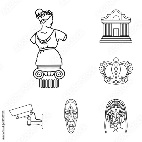 Museum and gallery outline icons in set collection for design. Storage and exhibition of showpiece vector symbol stock web illustration.