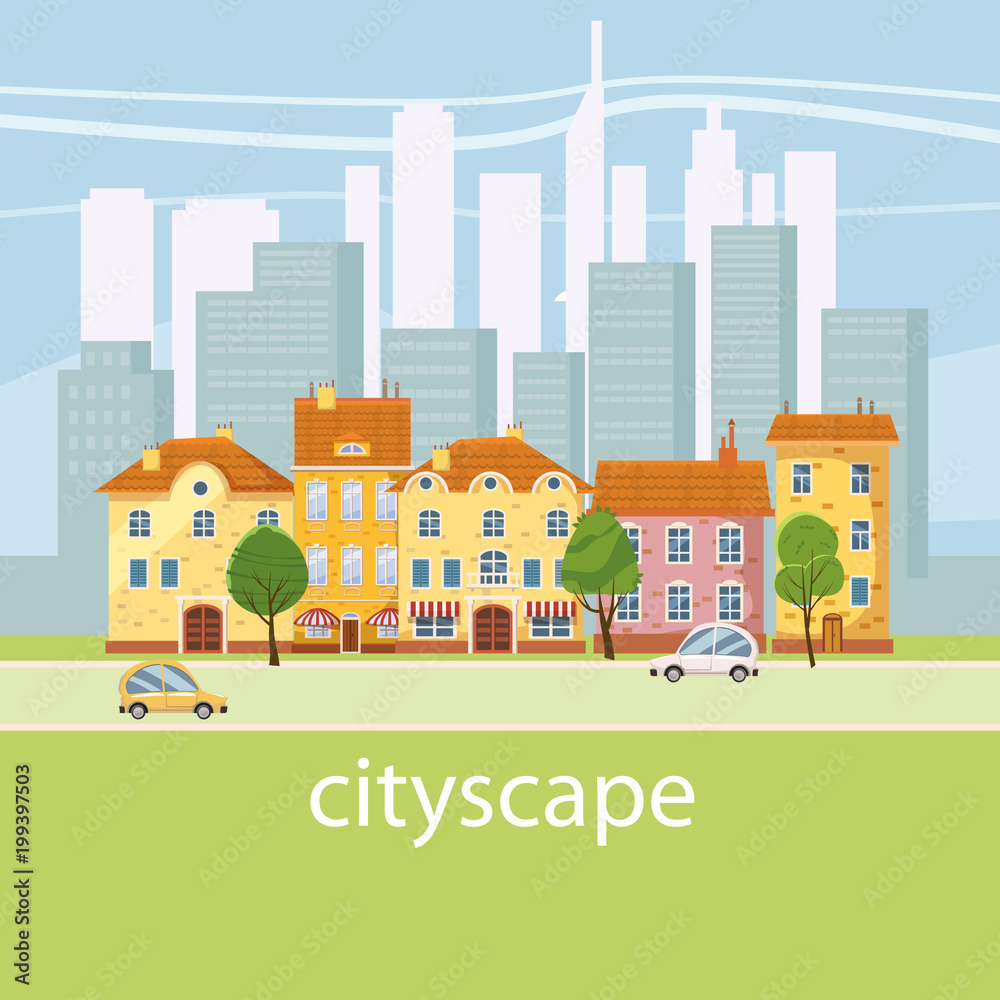 Urban landscape with large modern buildings and suburb with private houses. Street, highway with cars. Concept city and suburban life. Vector, cartoon style, isolated