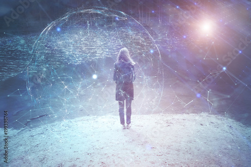 Woman person stands at lake with artistic digital cyberspace network background.